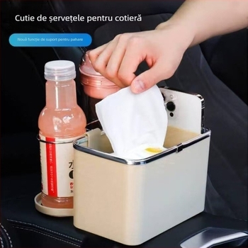 Organizator auto cu cutie pentru șervețele, suport pentru pahare pe spătar și compartiment de depozitare