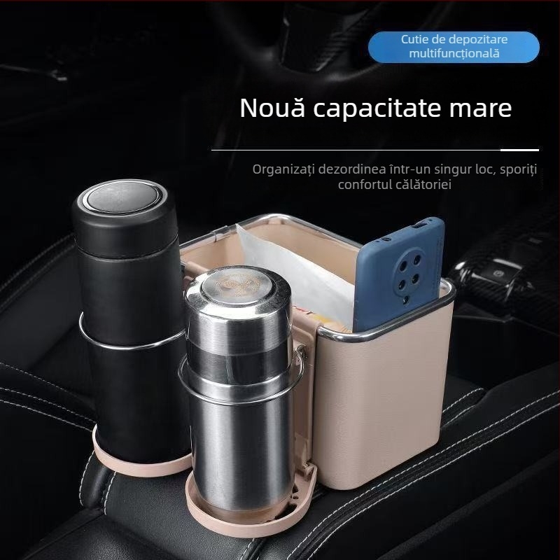 Organizator auto cu cutie pentru șervețele, suport pentru pahare pe spătar și compartiment de depozitare
