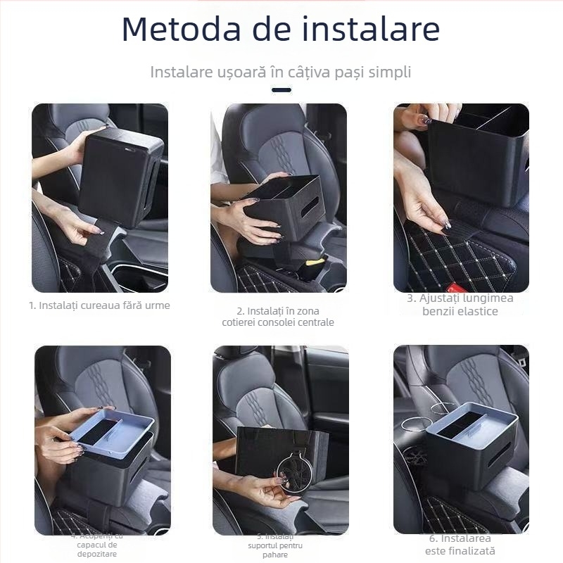 Organizator auto cu cutie pentru șervețele, suport pentru pahare pe spătar și compartiment de depozitare