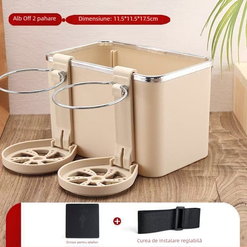 Organizator auto cu cutie pentru șervețele, suport pentru pahare pe spătar și compartiment de depozitare