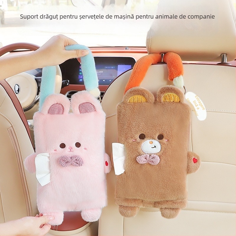 Cutie de șervețele din pluș pentru mașină, suport de spate pentru scaun cu design drăguț desen animat, decor interior auto