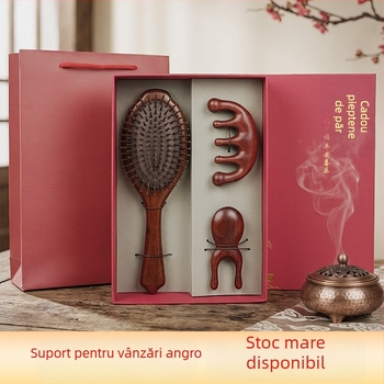 Set cadou din trei piese: pieptene cu pernă de aer, pieptene din lemn de santal și pieptene din corn