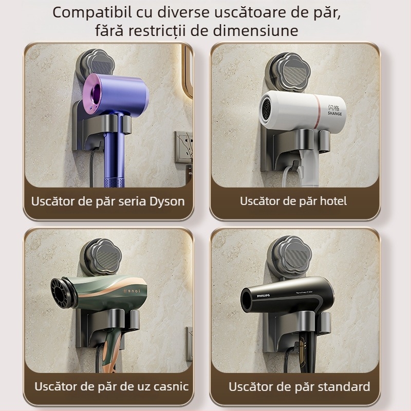 Suport triunghiular din plastic pentru uscător de păr, cu ventuză, montaj pe perete – organizator baie