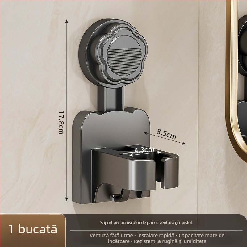Suport triunghiular din plastic pentru uscător de păr, cu ventuză, montaj pe perete – organizator baie