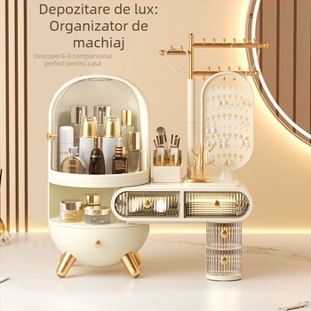 Cutie de depozitare pentru machiaj și bijuterii pentru masă de înfrumusețare, cu oglindă, rezistentă la praf, premium, pentru îngrijire acasă