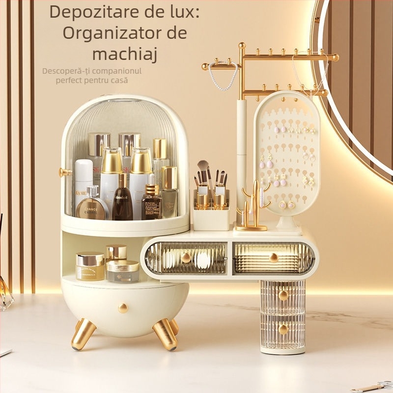 Cutie de depozitare pentru machiaj și bijuterii pentru masă de înfrumusețare, cu oglindă, rezistentă la praf, premium, pentru îngrijire acasă