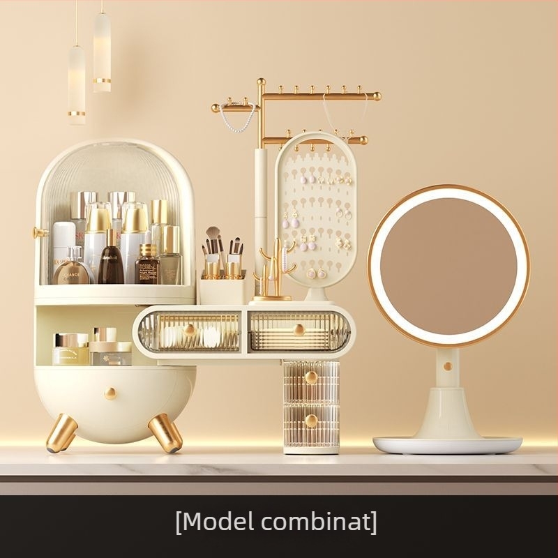 Cutie de depozitare pentru machiaj și bijuterii pentru masă de înfrumusețare, cu oglindă, rezistentă la praf, premium, pentru îngrijire acasă