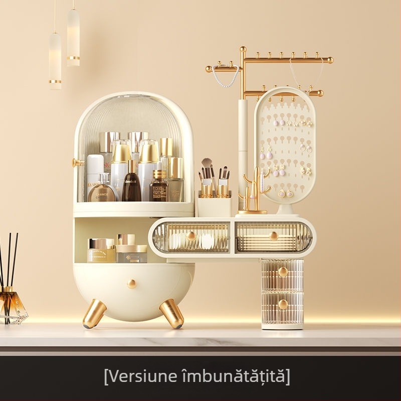 Cutie de depozitare pentru machiaj și bijuterii pentru masă de înfrumusețare, cu oglindă, rezistentă la praf, premium, pentru îngrijire acasă