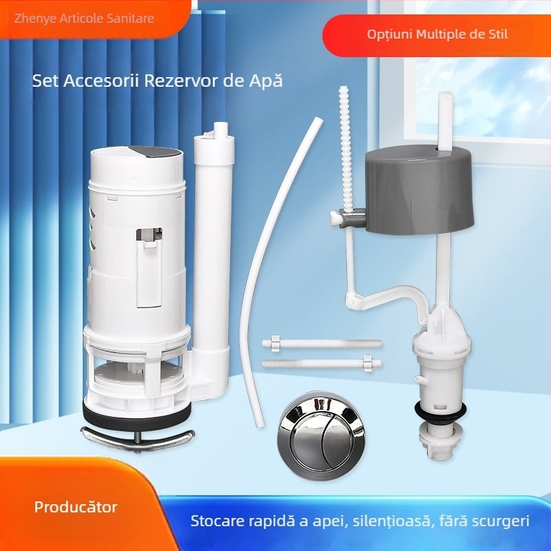 Accesorii rezervor toaletă: supapă alimentare cu presiune redusă, supapă de spălare integrată, set separat de obiecte sanitare pentru toalete