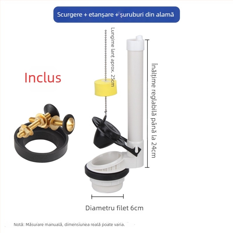 Accesorii pentru rezervorul de toaletă în stil vechi: șurub, supapă de clătire, capac de toaletă și supapă de drenaj