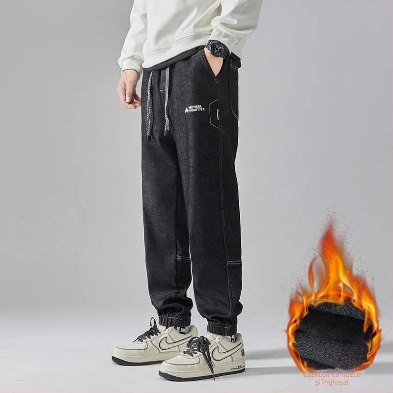 Pantaloni din denim pentru toamnă-iarnă, pentru băiat de 13 ani, croială dreaptă, căptușiți cu fleece, pantaloni casual