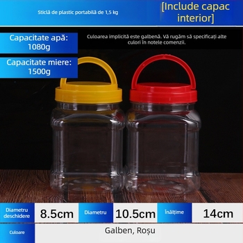 Recipient din plastic transparent pentru depozitarea hranei pentru animale de companie, capacitate 1,5 kg, cu capac galben sau roșu