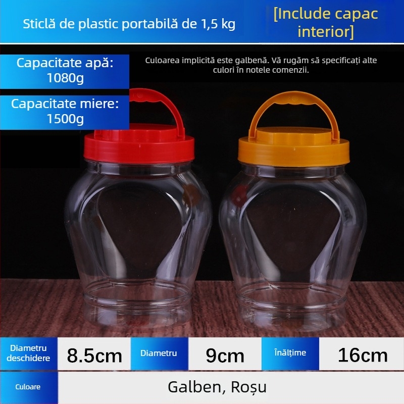 Recipient din plastic transparent pentru depozitarea hranei pentru animale de companie, capacitate 1,5 kg, cu capac galben sau roșu