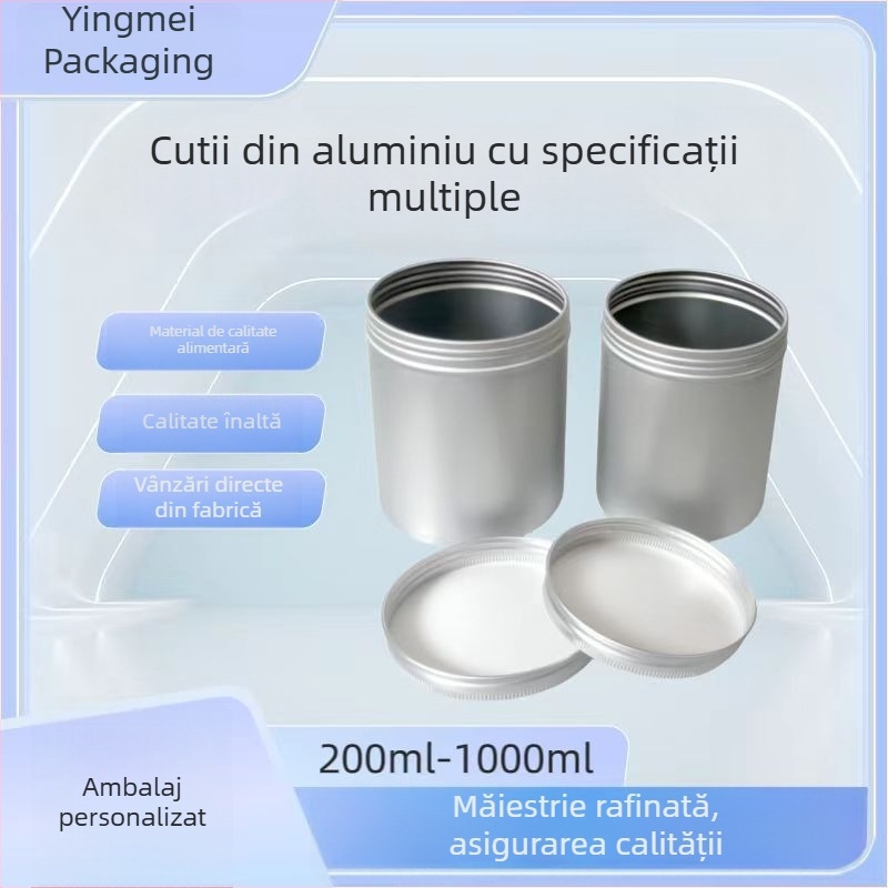Recipient din aluminiu cu filet, capac etanș, 200–1000 ml, pentru ceai, nuci, semințe, gustări și bomboane