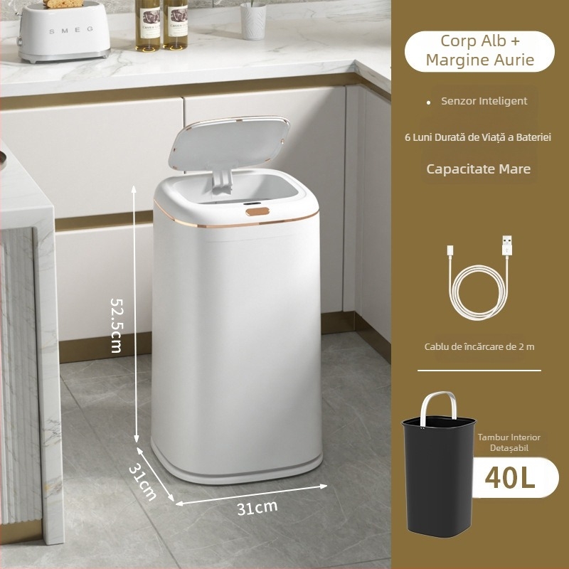 Helixun coș de gunoi inteligent pentru uz casnic, pătrat, senzor automat, 40L, model 8649-8650