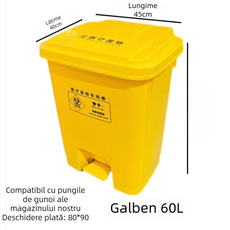 Coș de gunoi medical cu pedala, galben, extra mare, îngroșat, durabil, pentru clinici și centre medicale