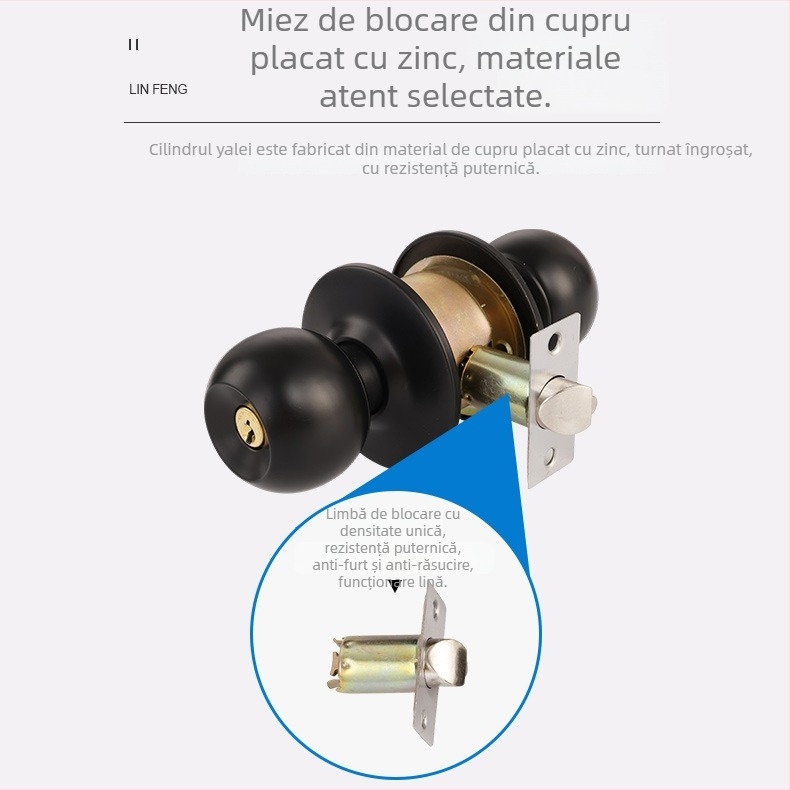 587 Mâner de ușă sferic negru, anti-furt pentru dormitor, silențios, din oțel inoxidabil