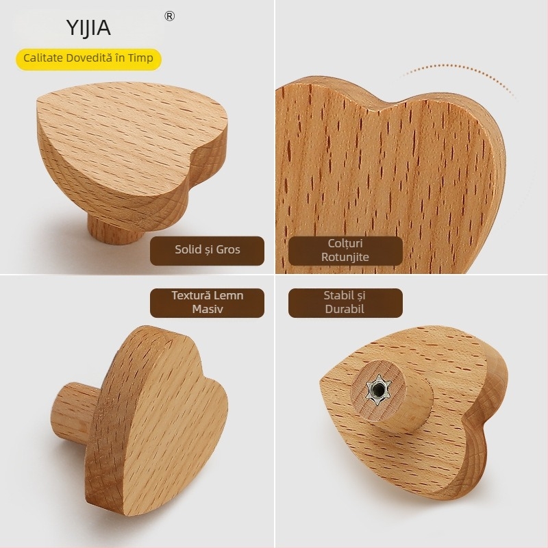 Yi Jia mâner de ușă din lemn de fag, în formă de inimă, cu o singură gaură, design minimalist, pentru garderobă și uși de dulap.