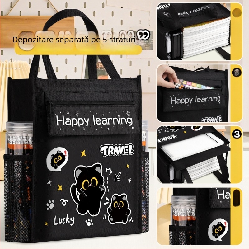 Geantă de studiu din pânză, cu capacitate mare, pentru elevi din învățământ primar, design desen animat și fermoar