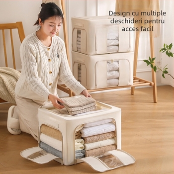 Cutie de depozitare din twill cu trei ferestre, capacitate mare, lavabilă, pentru haine și pilote, ecologică, stil japonez
