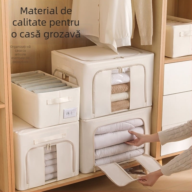 Cutie de depozitare din twill cu trei ferestre, capacitate mare, lavabilă, pentru haine și pilote, ecologică, stil japonez
