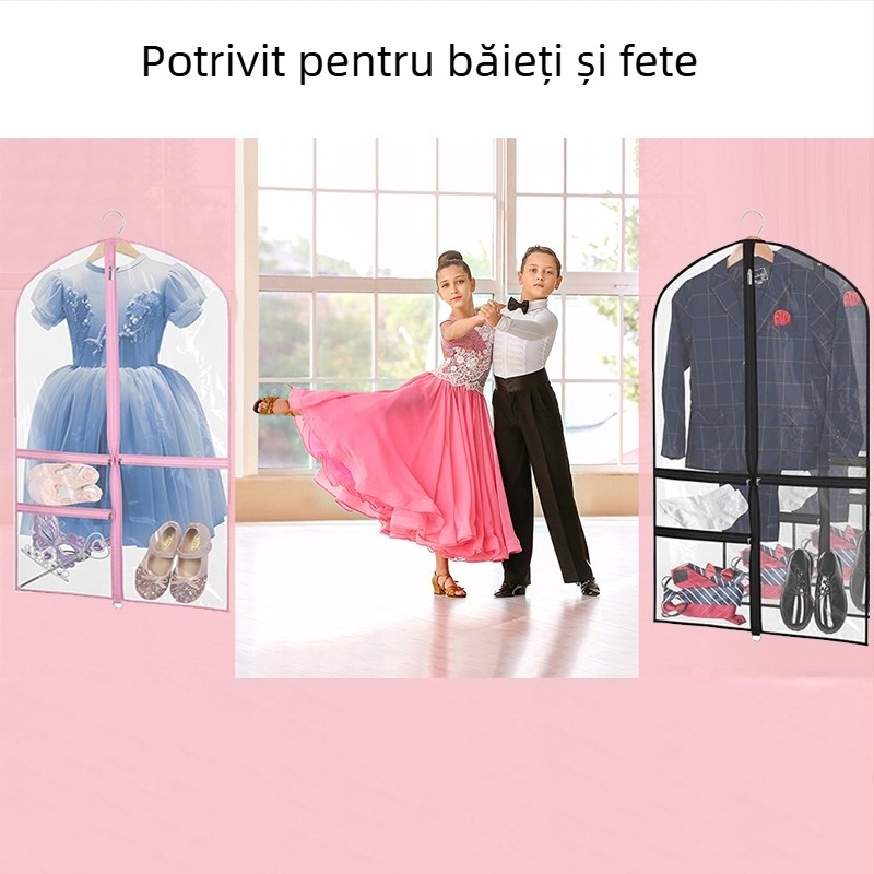Husă transparentă din PVC pentru haine de copii, cu mai multe buzunare, protecție împotriva prafului pentru fuste de dans și costume