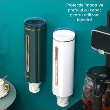 Suport de pahare montat pe perete, din plastic, fără găuri, multifuncțional, protecție împotriva prafului, pentru pahare de unică folosință și dozator de apă
