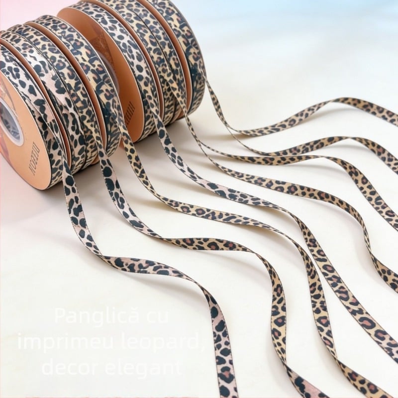 Panglică de poliester imprimată pe ambele fețe, 1 cm lățime, leopard, pentru proiecte DIY, accesorii pentru haine și ambalarea cadourilor