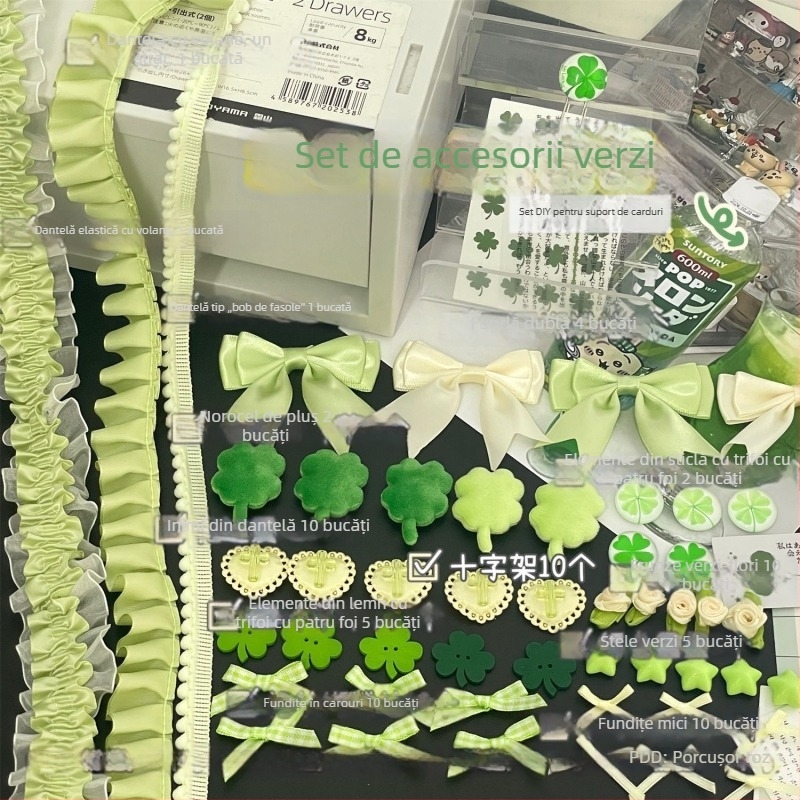 Dantelă verde cu accente de trifoi cu patru foi pentru bijuterii DIY