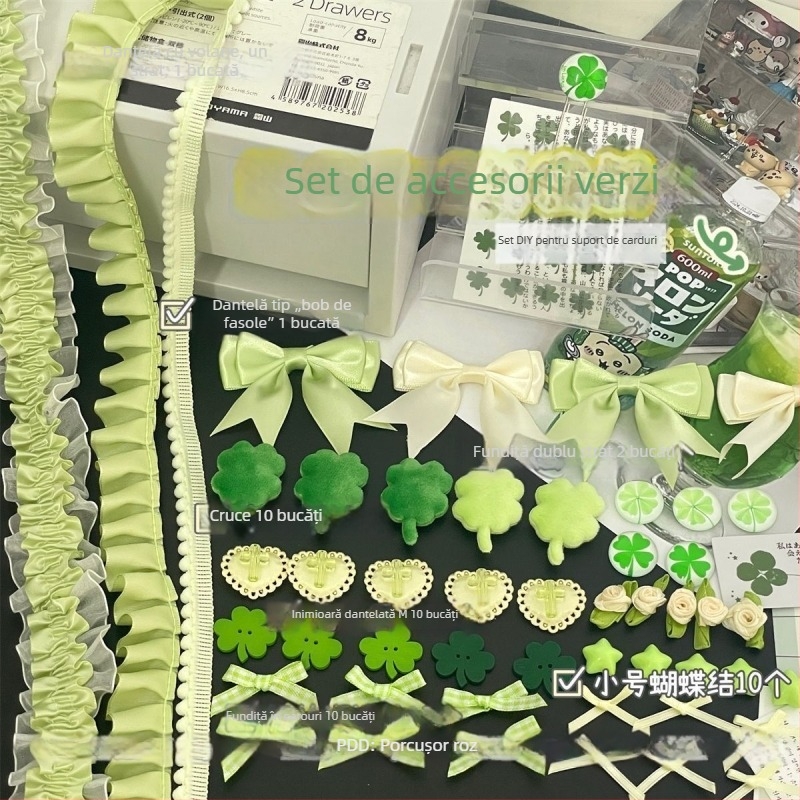 Dantelă verde cu accente de trifoi cu patru foi pentru bijuterii DIY