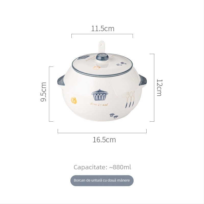 Recipient ceramic pentru untură, rezistent la temperaturi înalte, model 2025, mare, cu lingură și capac, borcan pentru condimente de bucătărie