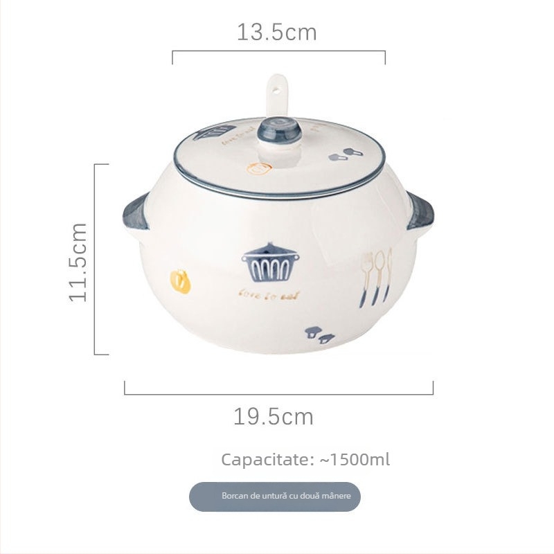 Recipient ceramic pentru untură, rezistent la temperaturi înalte, model 2025, mare, cu lingură și capac, borcan pentru condimente de bucătărie