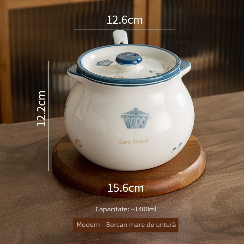 Recipient ceramic pentru untură, rezistent la temperaturi înalte, model 2025, mare, cu lingură și capac, borcan pentru condimente de bucătărie
