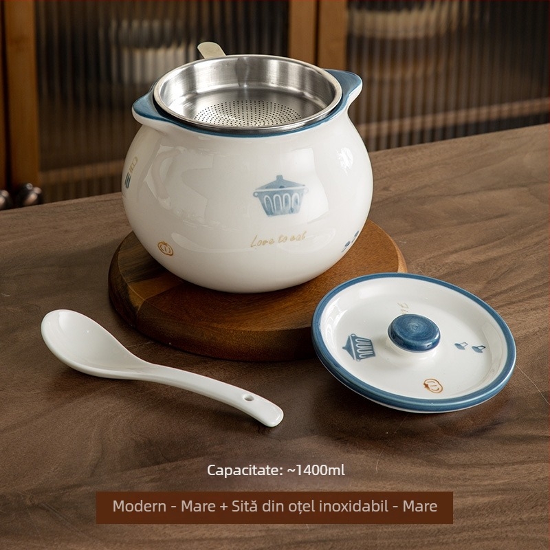Recipient ceramic pentru untură, rezistent la temperaturi înalte, model 2025, mare, cu lingură și capac, borcan pentru condimente de bucătărie