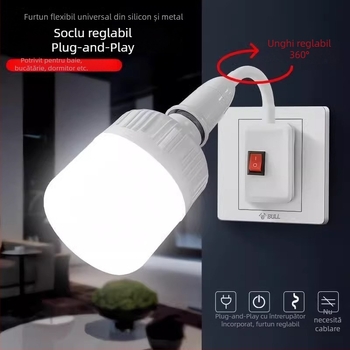Suport de lampă E27 cu întrerupător, adaptor universal și priză pentru lampă LED de perete, cu furtun flexibil