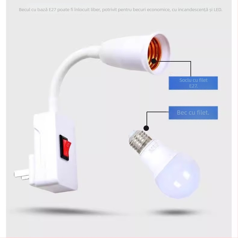 Suport de lampă E27 cu întrerupător, adaptor universal și priză pentru lampă LED de perete, cu furtun flexibil