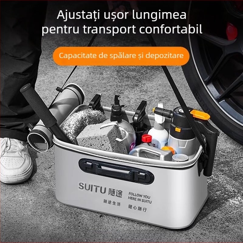 Set complet de unelte pentru spălarea mașinii, pentru uz casnic – găleată pliabilă, recipient cu spumă, mop și trusă de curățare cu cutie de depozitare