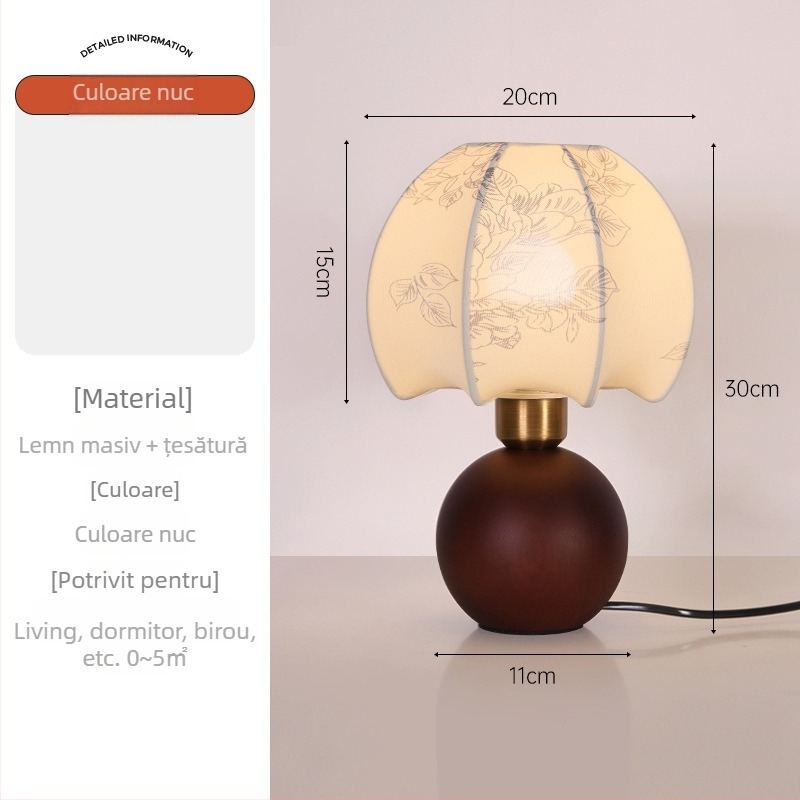 Lampa de masă din lemn masiv, în stil franțuzesc antic, cu iluminare ambientală; potrivită ca lampă de noptieră și lampă de perete retro pentru living