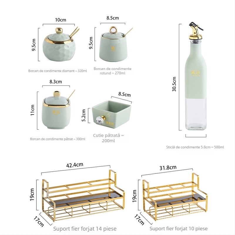 Set de recipiente din sticlă pentru condimente, cu borcane ceramice pentru ulei, sare și oțet – organizare bucătărie