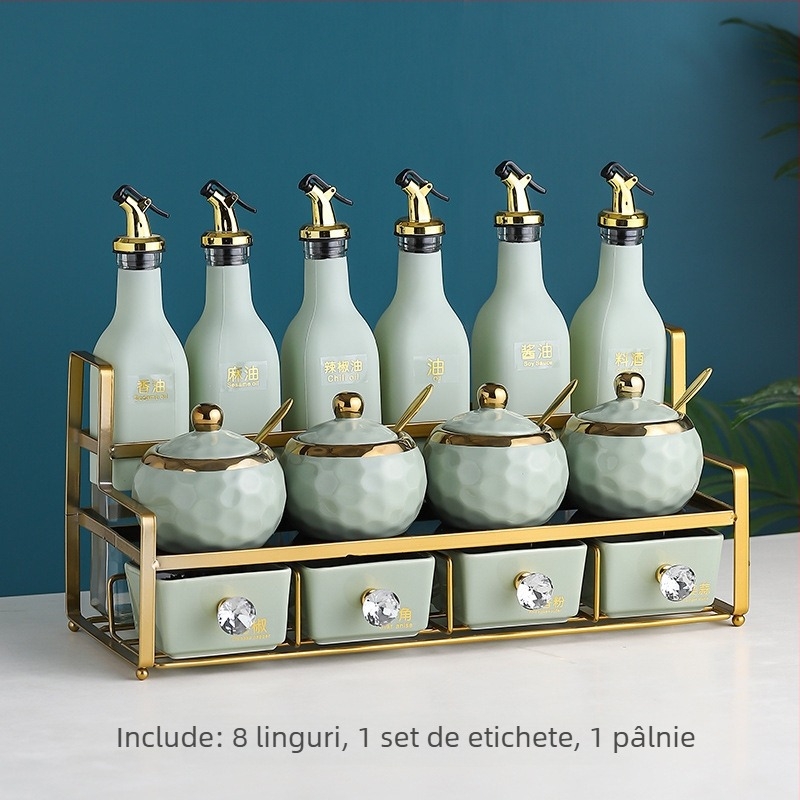 Set de recipiente din sticlă pentru condimente, cu borcane ceramice pentru ulei, sare și oțet – organizare bucătărie