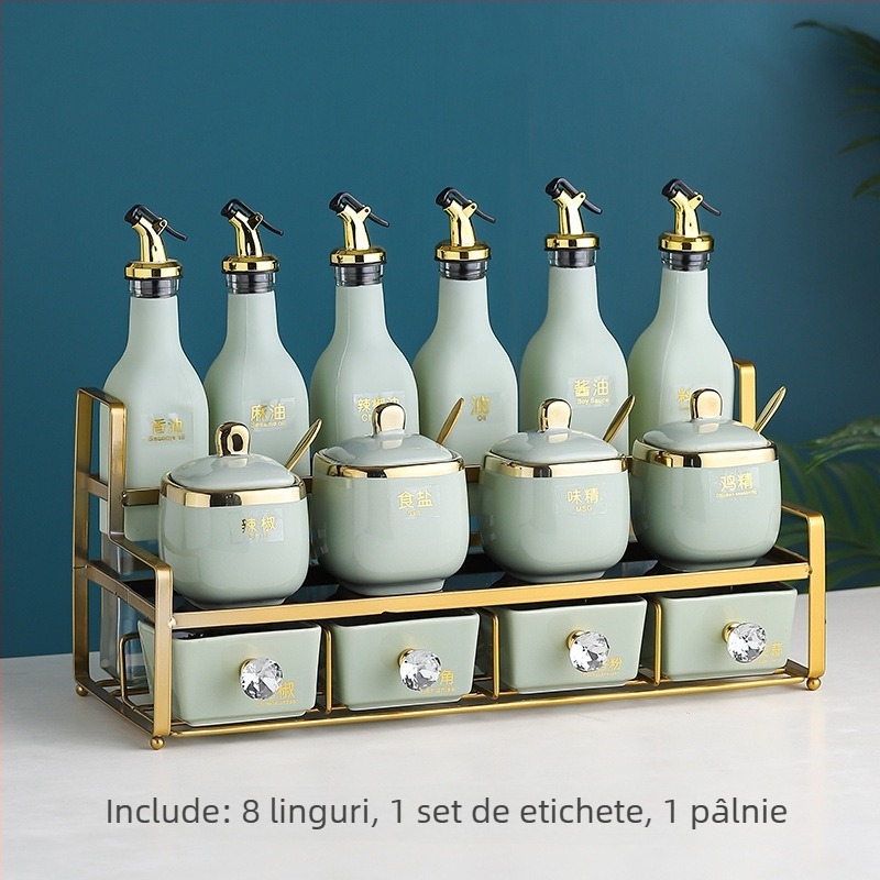 Set de recipiente din sticlă pentru condimente, cu borcane ceramice pentru ulei, sare și oțet – organizare bucătărie