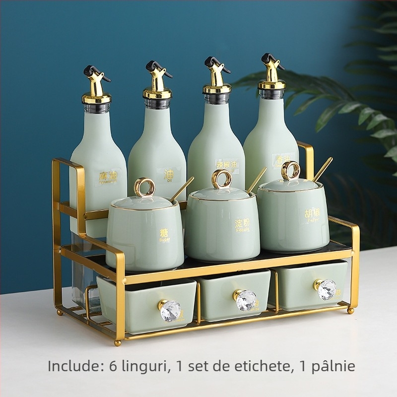 Set de recipiente din sticlă pentru condimente, cu borcane ceramice pentru ulei, sare și oțet – organizare bucătărie
