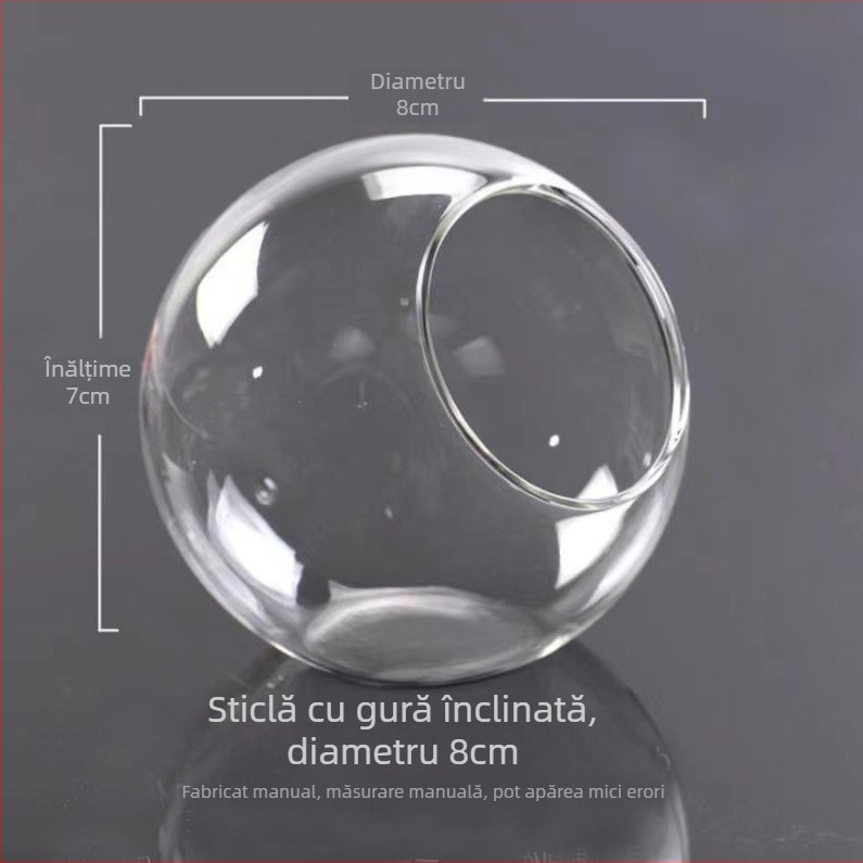 Vază rotundă din sticlă transparentă, cu gură înclinată, pentru micro-peisaj și cultivare hidroponică a suculenților — decor de interior.