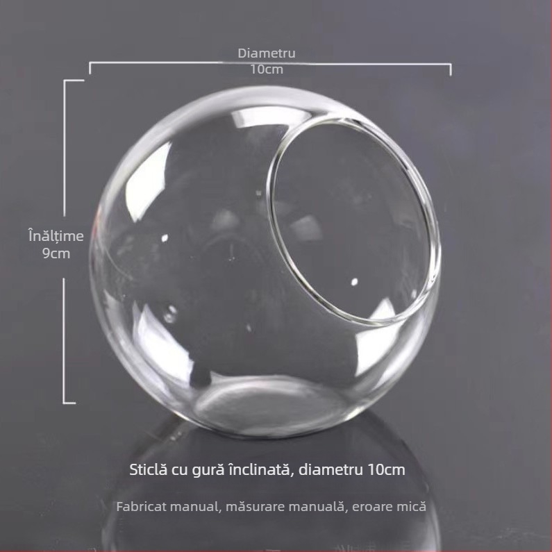 Vază rotundă din sticlă transparentă, cu gură înclinată, pentru micro-peisaj și cultivare hidroponică a suculenților — decor de interior.