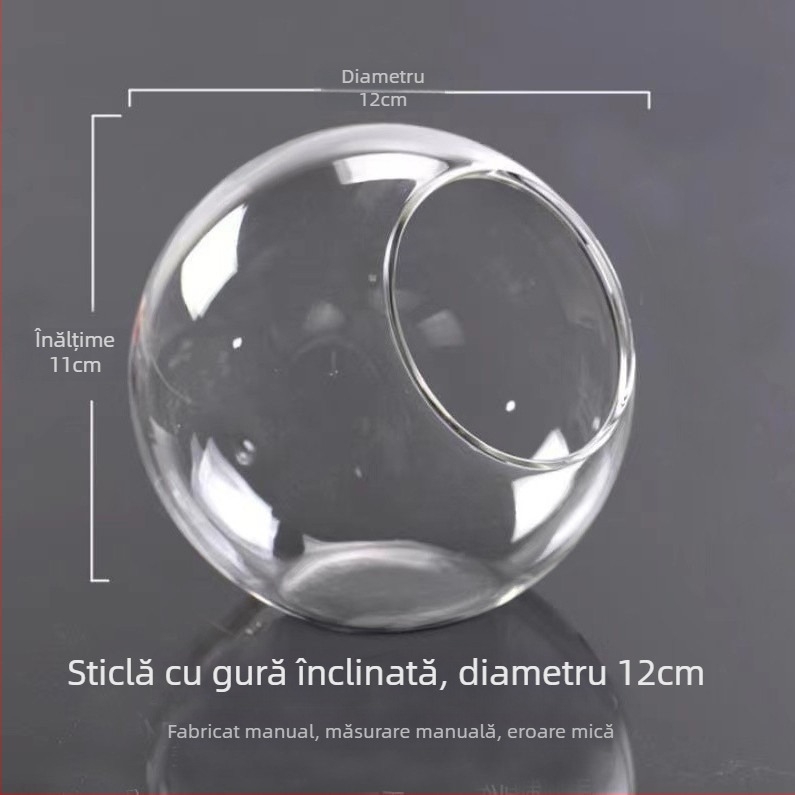 Vază rotundă din sticlă transparentă, cu gură înclinată, pentru micro-peisaj și cultivare hidroponică a suculenților — decor de interior.