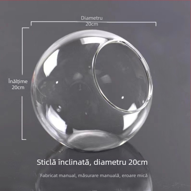 Vază rotundă din sticlă transparentă, cu gură înclinată, pentru micro-peisaj și cultivare hidroponică a suculenților — decor de interior.
