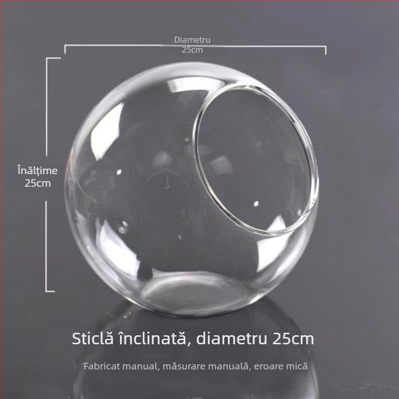 Vază rotundă din sticlă transparentă, cu gură înclinată, pentru micro-peisaj și cultivare hidroponică a suculenților — decor de interior.