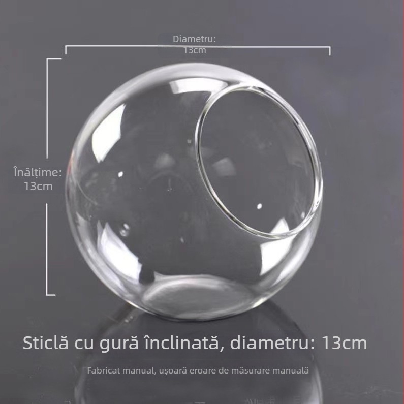 Vază rotundă din sticlă transparentă, cu gură înclinată, pentru micro-peisaj și cultivare hidroponică a suculenților — decor de interior.
