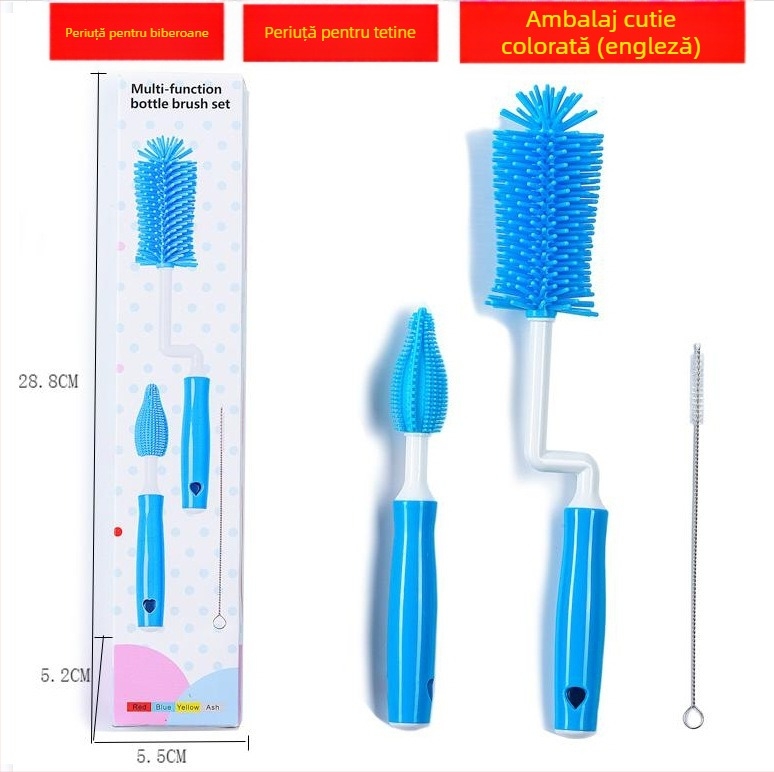 Set trei în unu pentru curățarea biberoanelor: perie din silicon pentru biberoane și perie din oțel inoxidabil pentru paie
