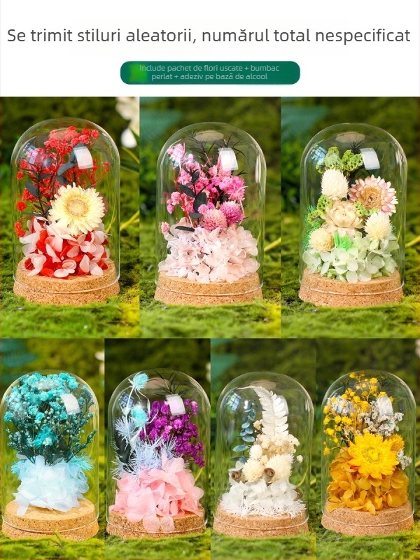 Set DIY pentru decor cu cupolă de sticlă și flori veșnice — flori uscate, cadou de Ziua Mamei